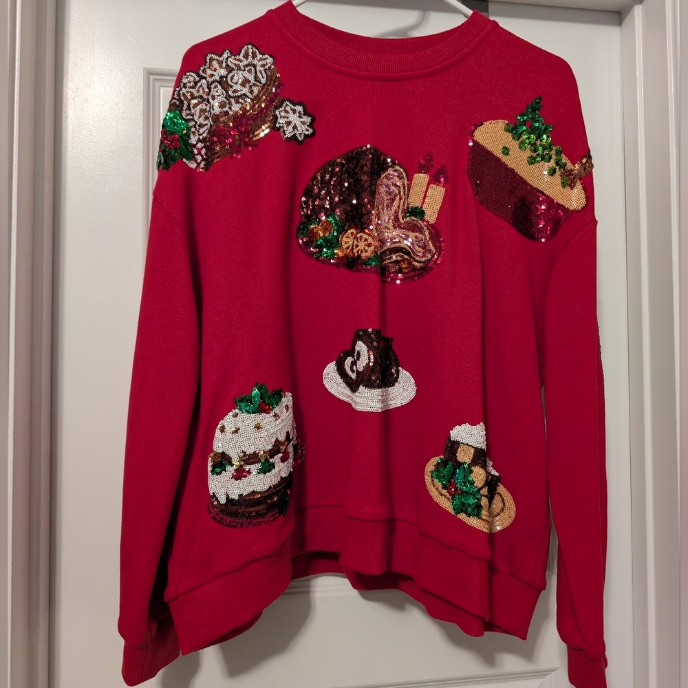NWT Queen of Sparkles Holiday Christmas Food Red Green Sequin Sweater Sm…